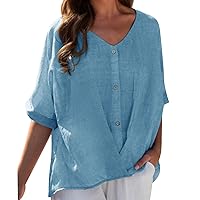 Women 3/4 Sleeve Cotton Linen Shirts Button Down Blouse Gauze Collared Summer Tops Boho Casual Ladies Clothes