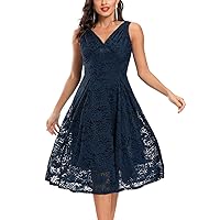 ADEWEL Women's Vintage Floral Lace Cocktail Party Dress Fit and Flare Prom Dress Midi Dress Party Midi Dresses