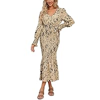 Cocktail Dress for Women Long Sleeve V Neck Maxi Dress Leopard Print Wrap Dress High Waist Belted Dress S-XXL