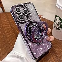Magnetic Kickstand {Glitter Lens Protector } Case for IPhone 15 14 13 12 Pro Max {Compatible with Magsafe } {Sparkling Diamond } Cover Glitter Shiny Rhinestone Cases (Purple,for iphone 12 Pro Max)