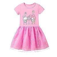 Toddler My Melody Graphic Round Neck Tulle Dresses-Comfy Short Sleeve Crewneck Princess Dress(3T-12Y)