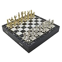 Metal Chess Set for Adults Egypt Pharaoh Figures,Handmade Pieces and Different Design Wooden Chess Board with Storage (Marble)