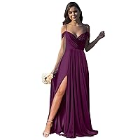 Women’s Off Shoulder Bridesmaid Dresses with Pockets Long Spaghetti Straps Pleats Formal Dress with Slit