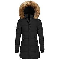 Women's Quilted Puffer Jacket Removable Faux Fur Hooded Long Puffer Coat Lightweight Full-Zip Puffer Jacket
