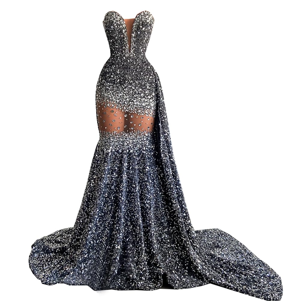 MTVOPN Evening Dress Sequin Rhinestone Sleeveless Formal Mermaid Prom Gown