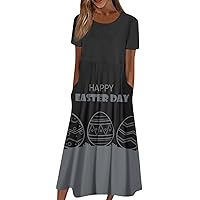 Women's Dresses Summer Casual Fashion Easter Printed Short Sleeve Round Neck Dress with Pocket