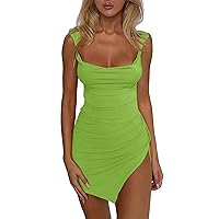 Women's Summer Square Neck Low Back Dress Split Hem Ruched Bodycon Mini Short Dresses Backless Sundress Dark Olive Green Small