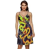 CowCow Womens Sexy V-Neck Summer Dress with Pockets Fun Dragon Pattern Traditional Party Sleeveless Dress, XS-5XL