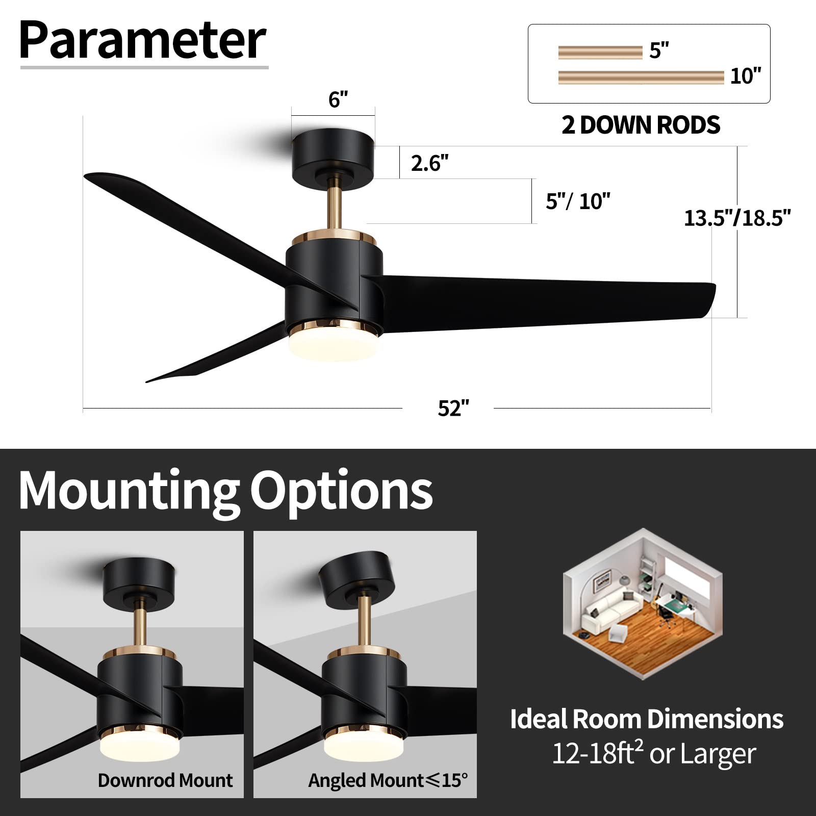 Wofifly 132 CM Moderne Deckenventilator mit LED-Licht und Fernbedienung, drei Flügeln, Geräuschloser DC-Motor, 3 Farbtemperaturen & 6 Windgeschwindigkeiten, Timer & Umkehrsfunktion, Schwarz und Gold