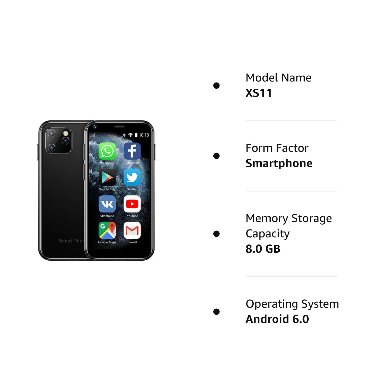 SOYES XS11 3G Mini Smartphone 2.5Inch WiFi GPS China Mobile RAM 1GB ROM 8GB Quad Core Android Cell Phones 3D Glass Slim Body HD Camera Dual Sim Google Play Cute Smartphone (Black)