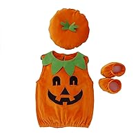 VISGOGO Baby Boy Girl Halloween Pumpkin Romper Bodysuit+Hat+Shoes 3PCS Outfit Costumes (1-2 Years)