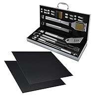 Home-Complete 18-Piece BBQ Grill Set, 16-pc Stainless Steel Barbecue Tool Kit with Aluminum Case and 2-Pack BBQ Grill Mats