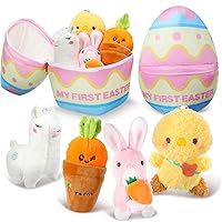 Capoda 5 Pcs My First Easter Theme Egg Basket Plush Playset Zippered Egg Backpack Stuffed Bunny Chick Carrot Alpaca Plush Playset for Girls Boys Easter Gifts Stuffers Decorations Party Favors Supplies