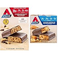 Atkins Chocolate Peanut Butter Protein Meal Bar, High Fiber, 16g Protein, 12 Count & Caramel Chocolate Peanut Nougat Snack Bar, 2g Sugar, Keto Friendly, 5 Count Bundle