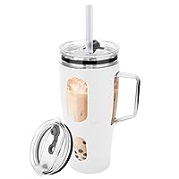 Sursip 40 oz Glass Tumbler with Handle, Glass Water Bottles with Lid and Straw, Reusable Iced Coffee Cup with Silicone Sleeve - Fit in Car Holder, BPA Free, Leak Proof, Dishwasher Safe - White