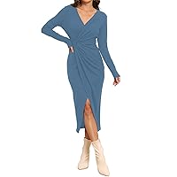 Hount Women's 2023 Fall V Neck Long Sleeve Sweater Dress Casual Ribbed Knit Bodycon Midi Cocktail Dress with Slit