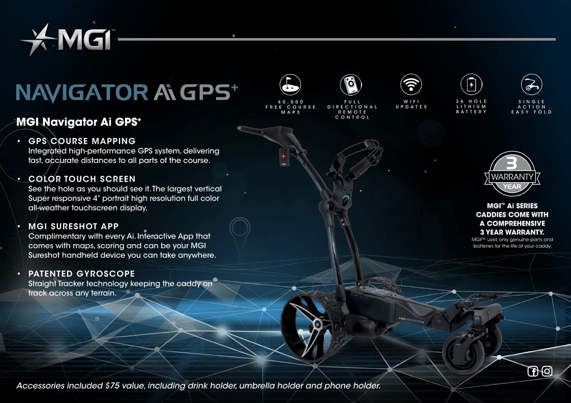MGI Navigator Ai GPS+ Electric Golf Cart - 36 Hole Lithium Battery - Remote Control - Accessories Included (Drink, Umbrella, & GPS Phone Holder), Black
