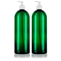 JUVITUS 32 oz Green Boston Round Plastic PET Bottle with White Lotion Pump (2 pack)