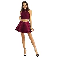 TiaoBug Women's Two Piece Lace Satin Homecoming Dresses Halter Lace Top A-Line Short Skirt