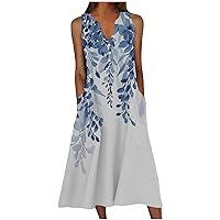 Sleeveless Dresses for Women Fall Summer V Neck Floral Maxi Long Loose Fit Beach Hawaiian Dresses Women 2024