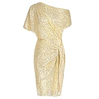Womens Sequined Party Dress Ruched Short Sleeve Asymmetric Off Shoulder Bodycon Dresses