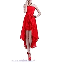 Red Strapless Cute High Low Chiffon Prom Dress with Bow Knot Front