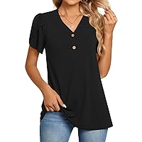 BISHUIGE Womens Henley Tunic Tops Button Up T-Shirts Petal Sleeve V-Neck Casual Blouses