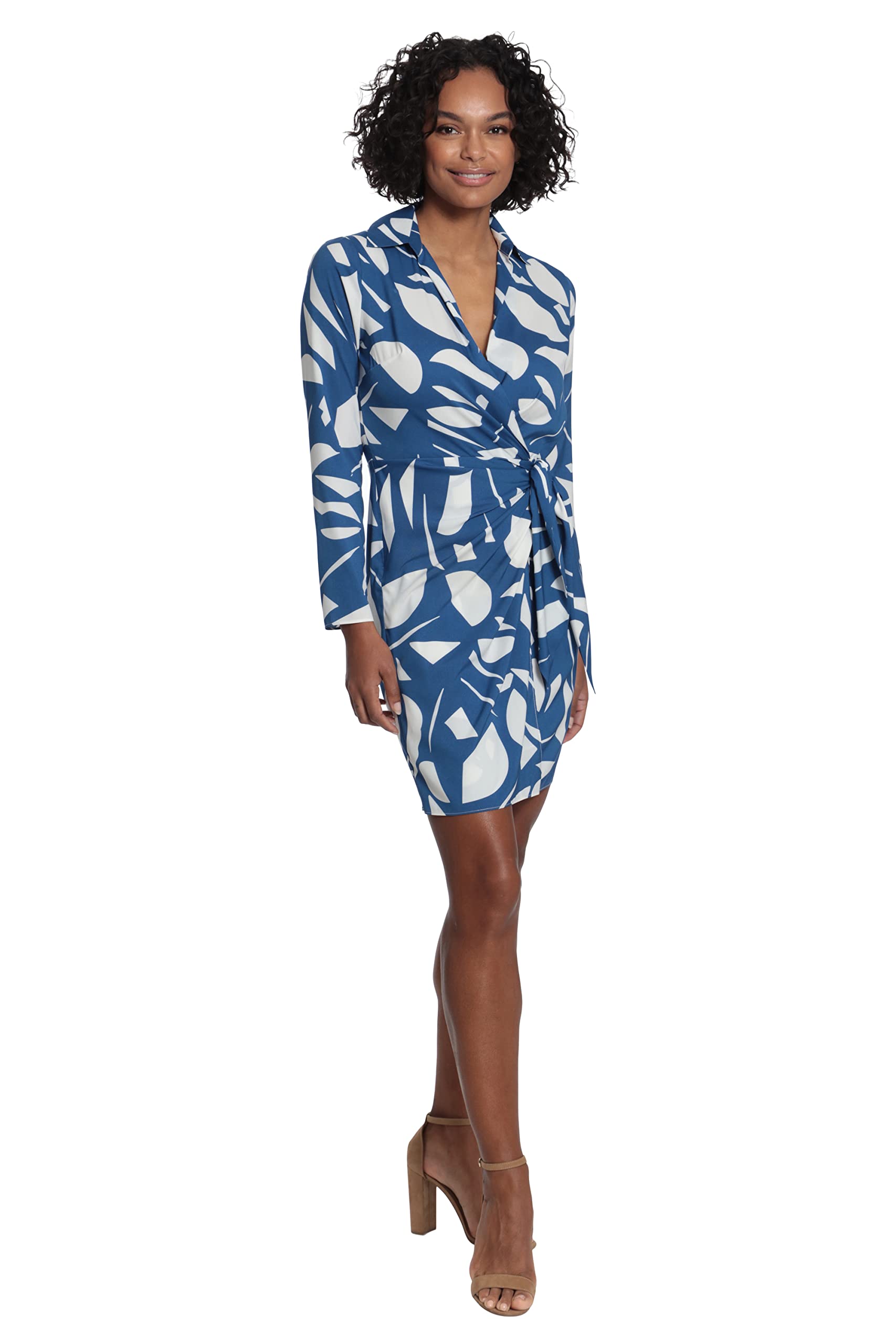 London Times Women's Geo Printed, Above The Knee Faux Wrap Dress with Tie and Collar