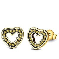 Lovely Heart Mickey Mouse 14K Black & Yellow Gold Over 925 Sterling Sliver With Fashion Round Cut Citrine Cubic Zirconia Stud Earring For Teen Girls and Women's Valentine's Day Gift,Birthday Gifts