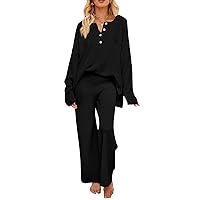 MEROKEETY Women's 2 Piece Outfit Sets Long Sleeve Button Knit Pullover Sweater and Pants Lounge Sets