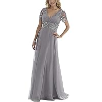 Women's Crystal Mother of The Bride Dress Chiffon Short Sleeves Evening Gowns