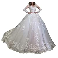 Women's Plus Size Illusion Long Sleeve Wedding Dresses for Women Bride with Train Lace Bridal Ball Gown