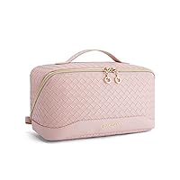 BAGSMART Makeup Bag Cosmetic Bag, Travel Makeup Bag, PU leather Makeup Bags for Women Portable Water-resistent Pouch Open Flat Make Up Organizer Bag for Toiletries, Brushes, Leather Pink