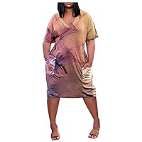 Plus Size Dresses for Women Short Sleeve Summer Dress V Neck Knee Pocket Soild Color Casual Dress