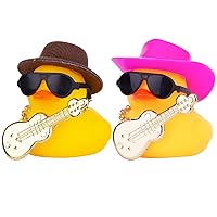 2 Pack Yellow Duck Car Dashboard Decorations with Mini Hat Musical Instrument Sunglasses Necklace
