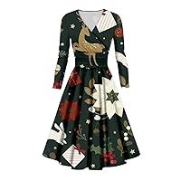 Women's Christmas Party Dress Casual and Fashionable Printed Long Sleeved V-Neck Sexy Dress, S-5XL