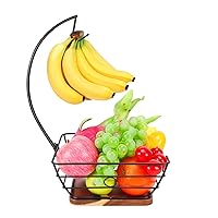 Countertop Fruit Basket Bowl with Banana Hanger, Modern Standing Fruit Vegetable Bowl Storage, with Banana Tree Holder for Kitchen Dinning Table (Square Wood, Black)