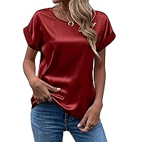 Women's Summer Tops Elegant Solid Round Neck Rolled Short Sleeve Satin Silk Blouse Tops Blouses Fashion 2023