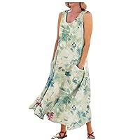 Womens Dresses Cotton Linen Long Dresses U Neck Sleeveless Tank Dress Vintage Floral Dress with Pocket Resort Wear
