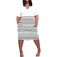 Summer Dresses for Women 2024 Summer Plus Size V Neck Short Sleeve Knee Pocket Prints Casual Dress