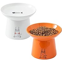 WUHOSTAM 6.5 Inch Extra Wide Ceramic Raised Cat Food Bowls, Elevated Cat Pet Feeding Dish, Anti Vomiting, Prevent Whisker Fatigue,Protect Pet's Spine for Elder Big Cats, 2 Pack(White&Orange)