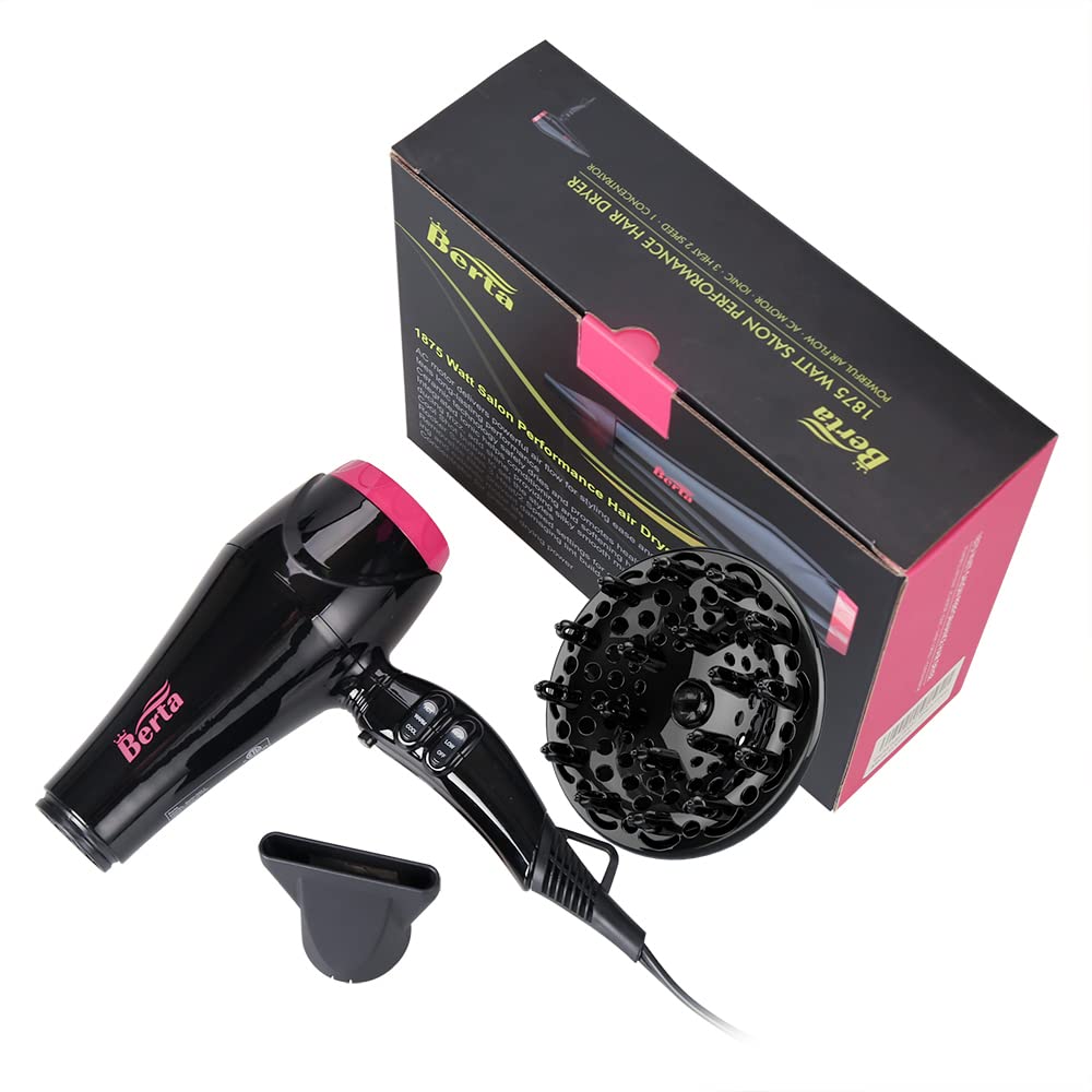 BERTA 1875W Professional Salon Hair Dryer Negative Ionic Blow Dryer, 2 Speed 3 Heat Settings Cool Button with AC Motor, Concentrator Nozzle & Diffuser