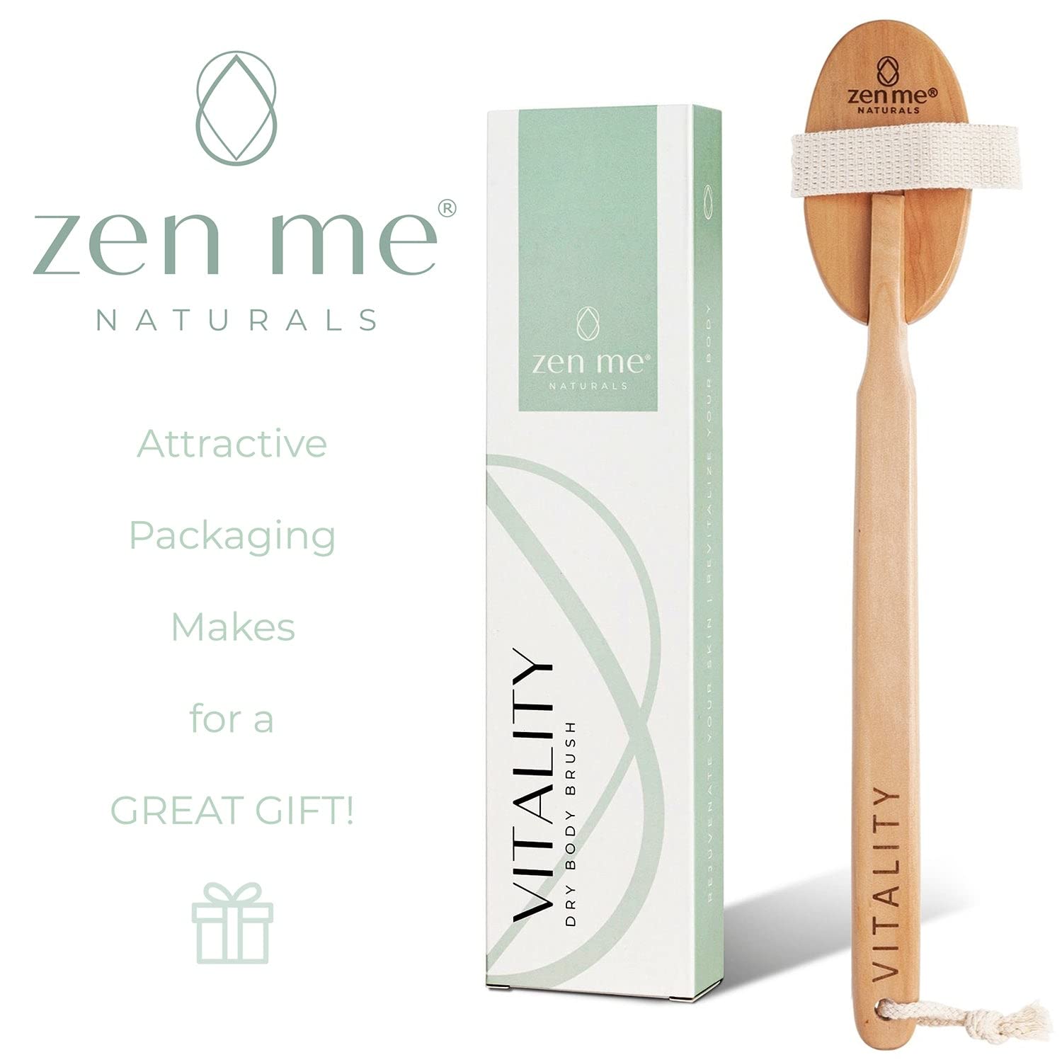 Zen Me Premium Boar Bristle Brush, Exfoliating Brush with Medium Firm Natural Bristles for Cellulite and Lymphatic, Body Scrub Brush with Detox eBook Gift