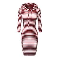 Stripe Print Pullover Hooded Pockets Dress Sweatshirt Casual Comfy Midi Dress Women's Long Sleeve Drawstring Dresses