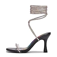 Cape Robbin Lurex Lace-up Mid Strappy Stiletto Heels for Women - Fashion Stylish Heeled Sandals with Rhinestone-Embellished Lace