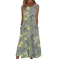 Women's Dresses 2024 Casual Printed Dresses Round Neck Basic Classic Outdoor Daily Sleeveless Loose Dresses, S-3XL