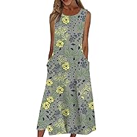 Summer Dresses for Women 2024 Sleeveless Crew Neck Maxi Dress Loose Floral Boho Casual Long Dress with Pockets