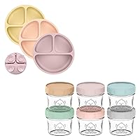 KeaBabies 3-Pack Suction Plates for Baby, Toddler and 6-Pack Glass Baby Food Containers - 100% Silicone Toddler Plates - 4 oz Leak-Proof, Microwavable, Glass Baby Food Jars