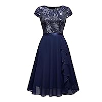 2024 Sequin Short Sleeve Dress for Woman Vintage Mesh Patchwork A-Line Wedding Cocktail Swing Dress Formal Midi Gown