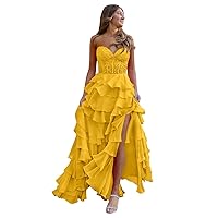 Strapless Lace Corset Prom Dresses for Women Long Layered Chiffon Formal Party Gown with Slit